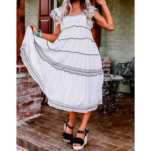 OLIVACEOUS SzM Off White Cream Midi SemiMaxi dress. Square NeckMidiSemiMaxiFlare - Picture 2 of 16